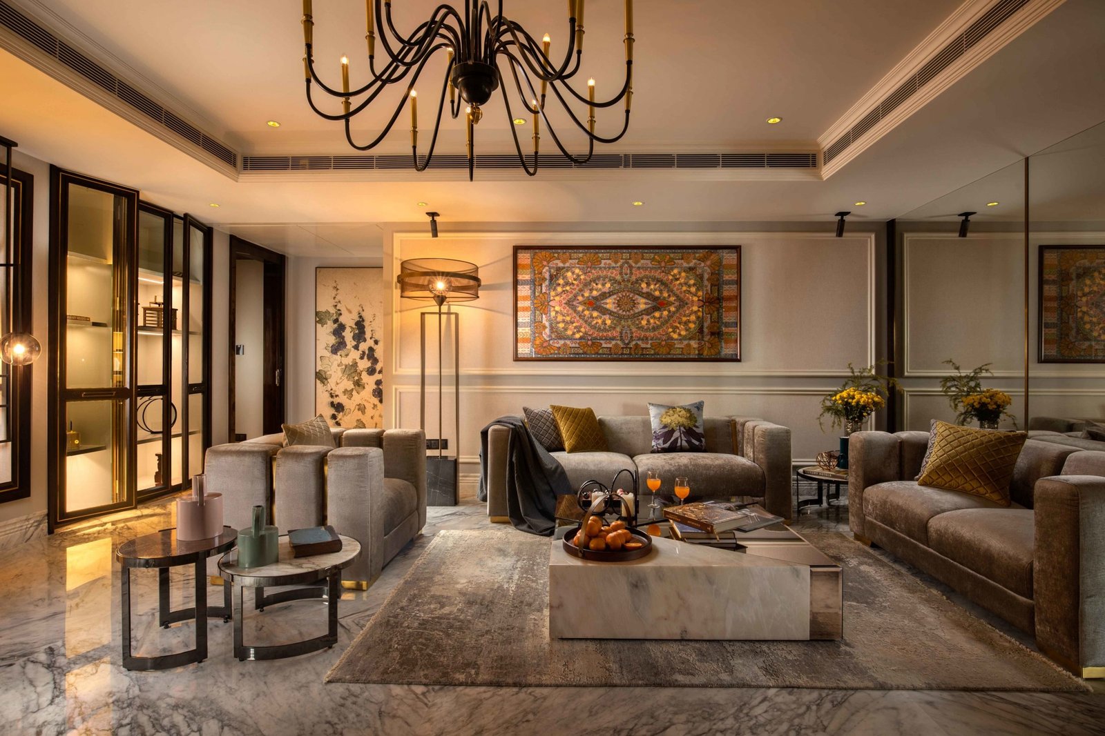 Wide lifestyle interior showing warm neutral design direction